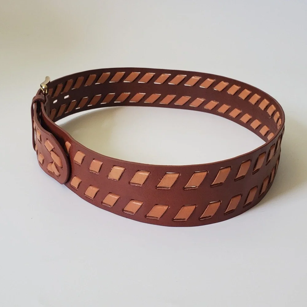 Chicos Wide Woven Leather Hip Belt Medium‎ Brown Tan Adjustable Boho Western